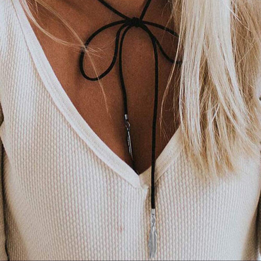 Faux Suede Black Lariat Gold Feather Choker